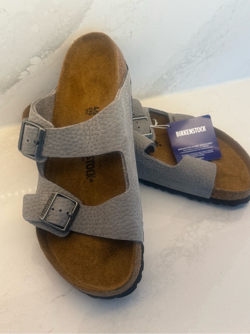 Men’s Birkenstock Arizona Two-Strap Sandals in Gray with Brown Footbed